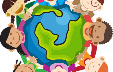 Animated children holding hands around the globe