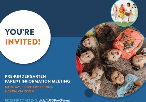 You're invited! Pre-Kindergarten Parent Information Meeting Monday February 26, 2024 6:00 PM via Zoom register to attend